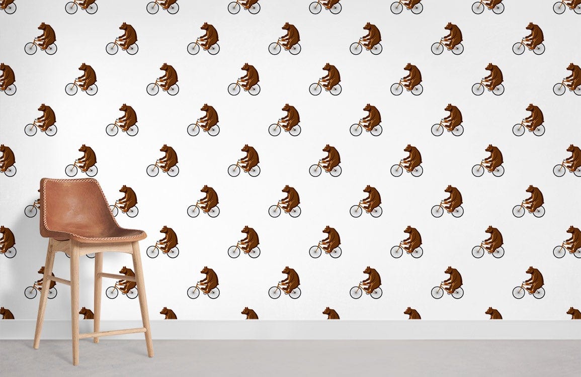 Quirky Brown Bear Cycling wallpaper, playful decor, white wall, tan bar stool, minimalist interior style.