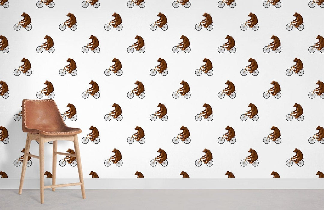 Quirky Brown Bear Cycling wallpaper, playful decor, white wall, tan bar stool, minimalist interior style.