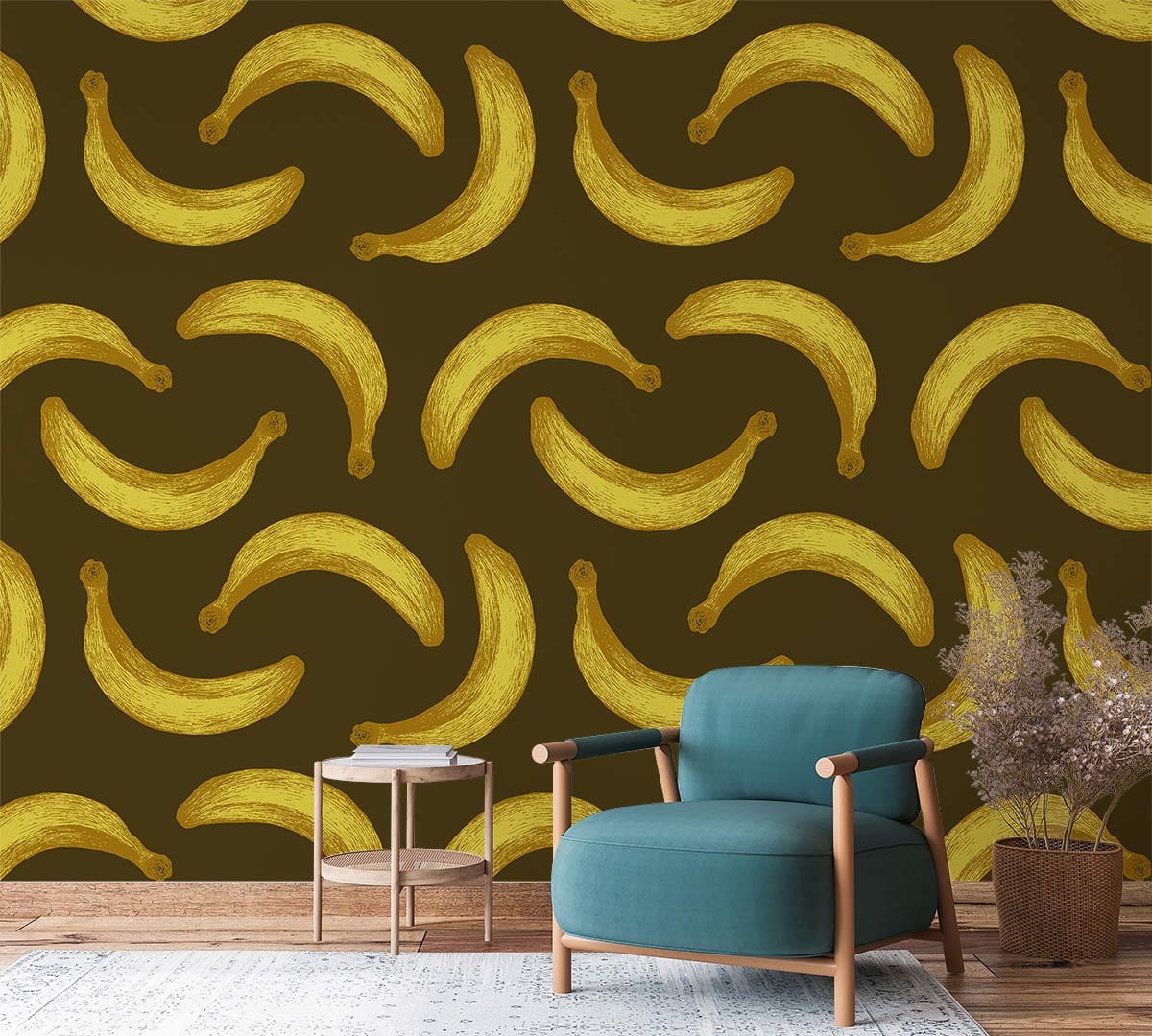 Vintage Banana Pattern Wallpaper in warm tones, retro style, teal armchair, wooden floor, cosy living room.
