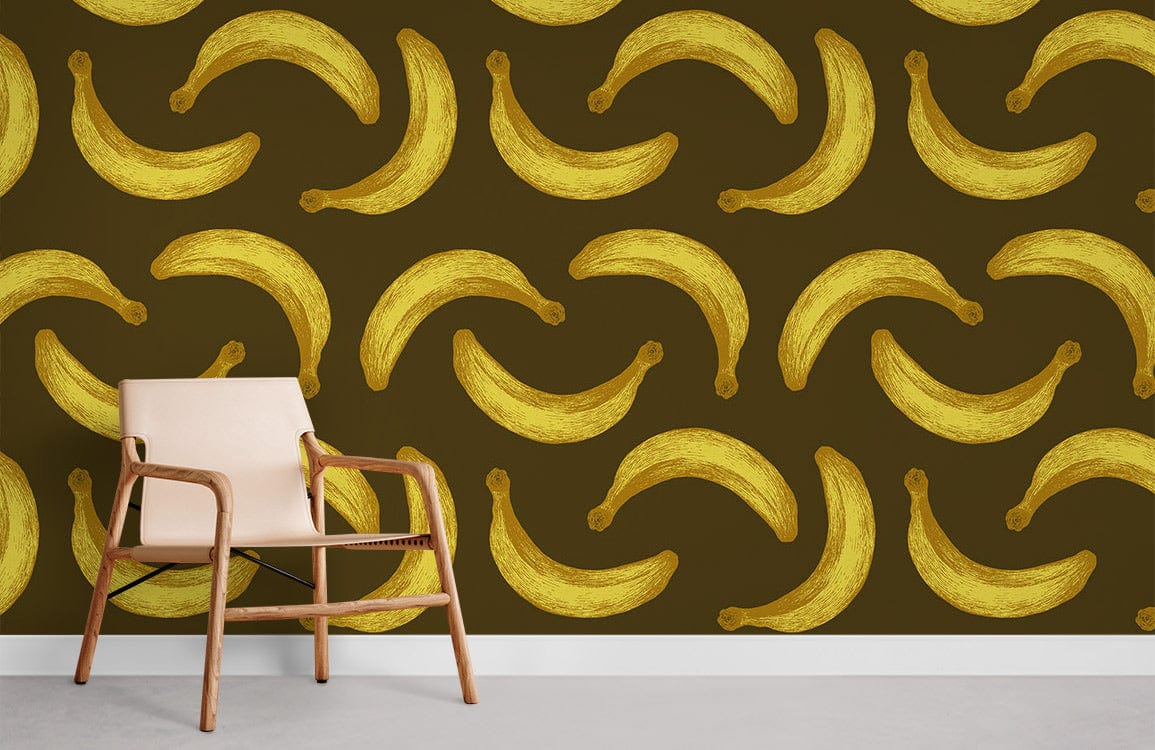 Vintage banana wallpaper in earthy tones; retro decor with beige chair on light grey flooring.