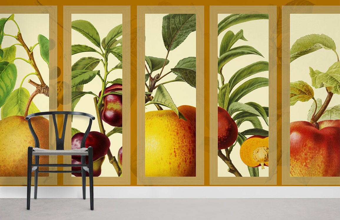 Vintage Botanical Fruit Panel Wallpaper with colourful fruit design in room with black chair, grey floor.