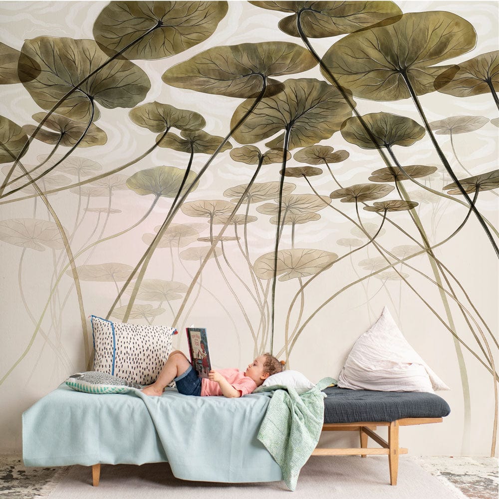 Serene Water Lilies mural wallpaper; earth tones; grey sofa; pastel blue bedding; living room decor.