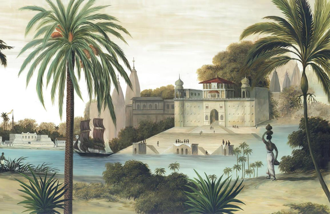 Tropical Colonial Landscape Mural Wallpaper in Soft Earthy Tones for Chic Interiors