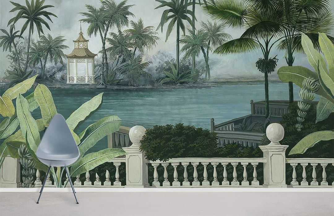 Serene Tropical Oasis Mural Wallpaper, green palm landscape design, grey modern chair, white flooring.