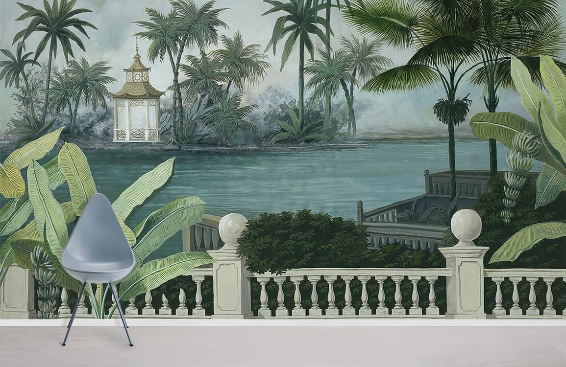 Serene Tropical Oasis Mural Wallpaper, green palm landscape design, grey modern chair, white flooring.