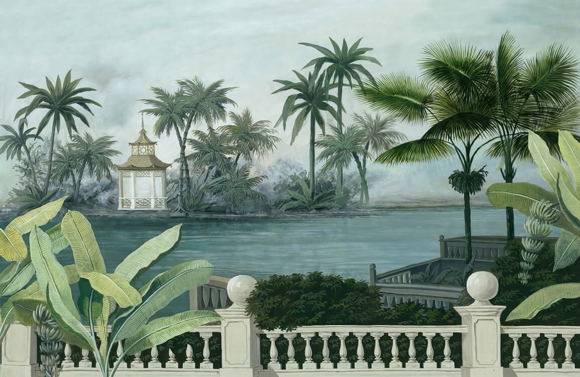 Serene Tropical Oasis Mural Wallpaper with Green Palm Landscape Design
