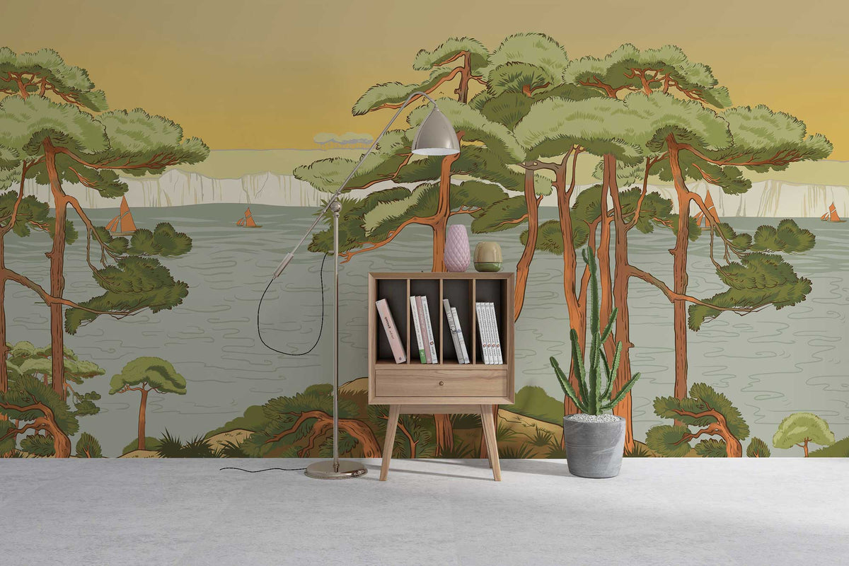 Vintage coastal wallpaper with green pine trees, light wooden furniture, grey floor, and cosy decor elements.