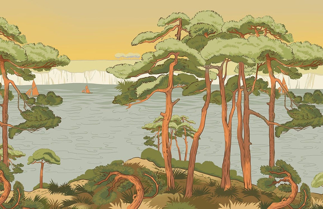 Vintage Coastal Pine Landscape Mural Wallpaper in Earthy Green Tones