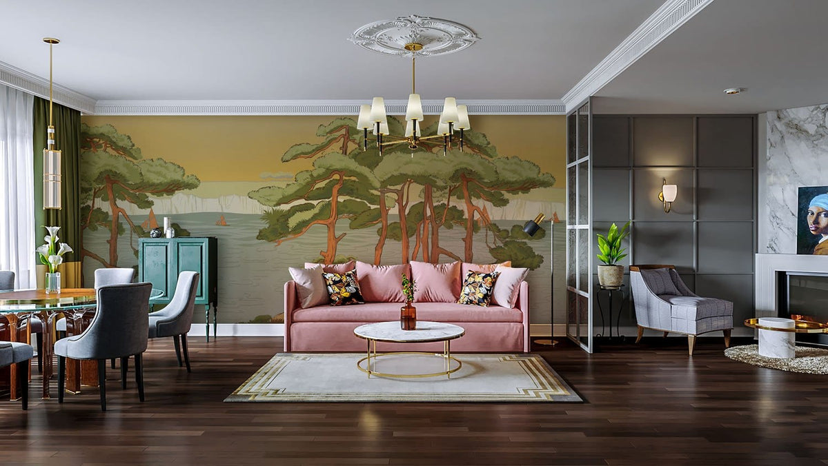 Vintage Coastal Pine mural wallpaper in living room; pink sofa, modern dining set, hardwood flooring.