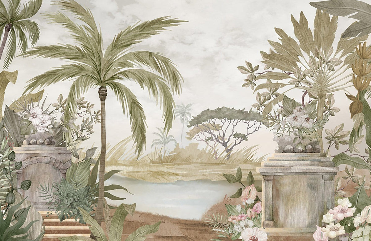 Tropical Watercolour Mural Wallpaper in Soft Greens and Earthy Tones Print.