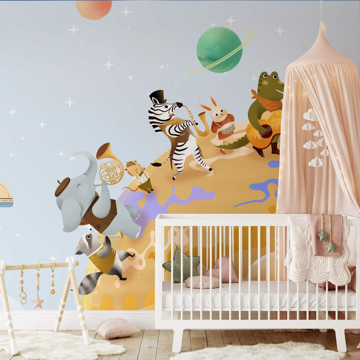Children's room with whimsical animal space mural wallpaper, white crib, hardwood flooring, pink canopy decor.