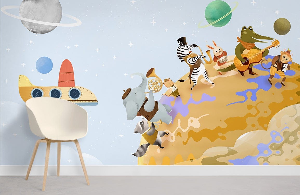 Whimsical Animal Adventure space mural in children's bedroom with minimalist chair and light grey flooring.