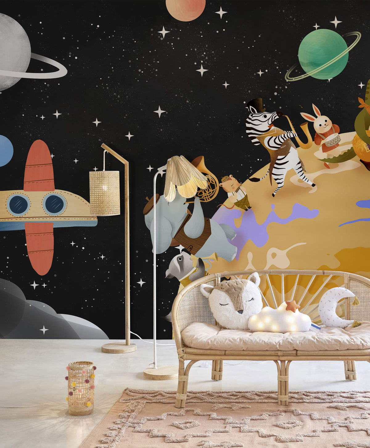 Children's room with Whimsical Space Adventure Animal Mural Wallpaper, wicker sofa, light rug, playful decor.