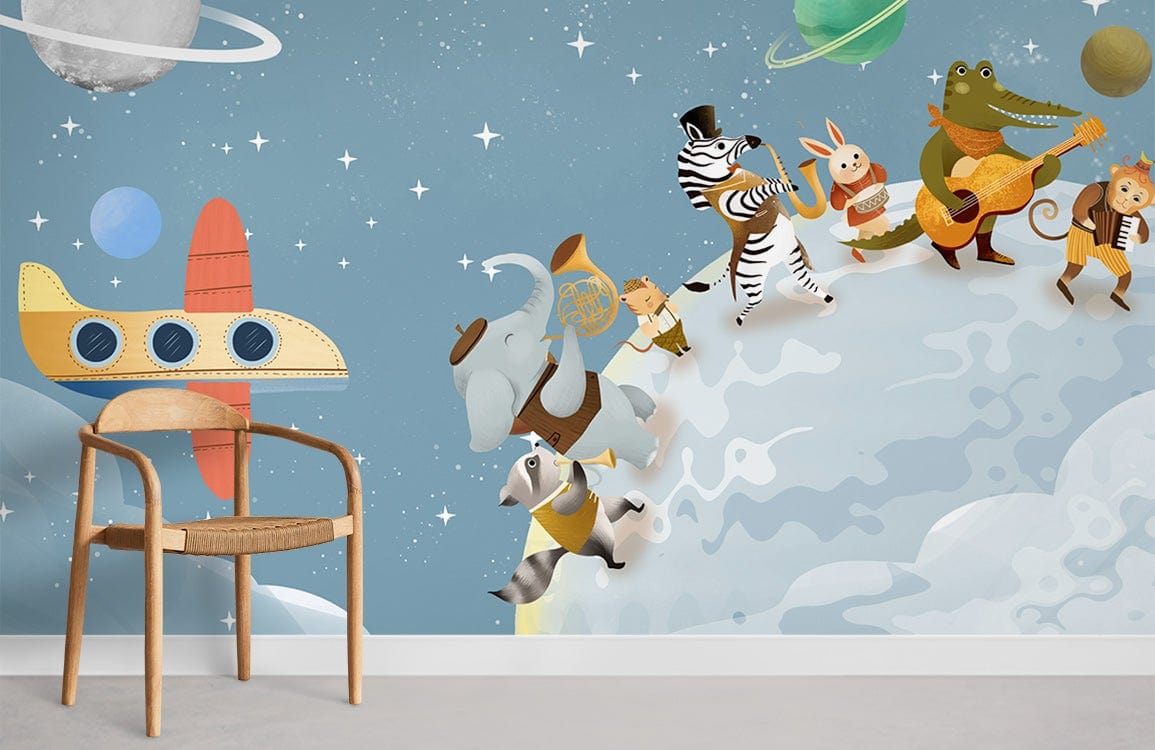 Children's room with Whimsical Space Safari mural wallpaper, featuring playful animals, wooden chair, blue theme.