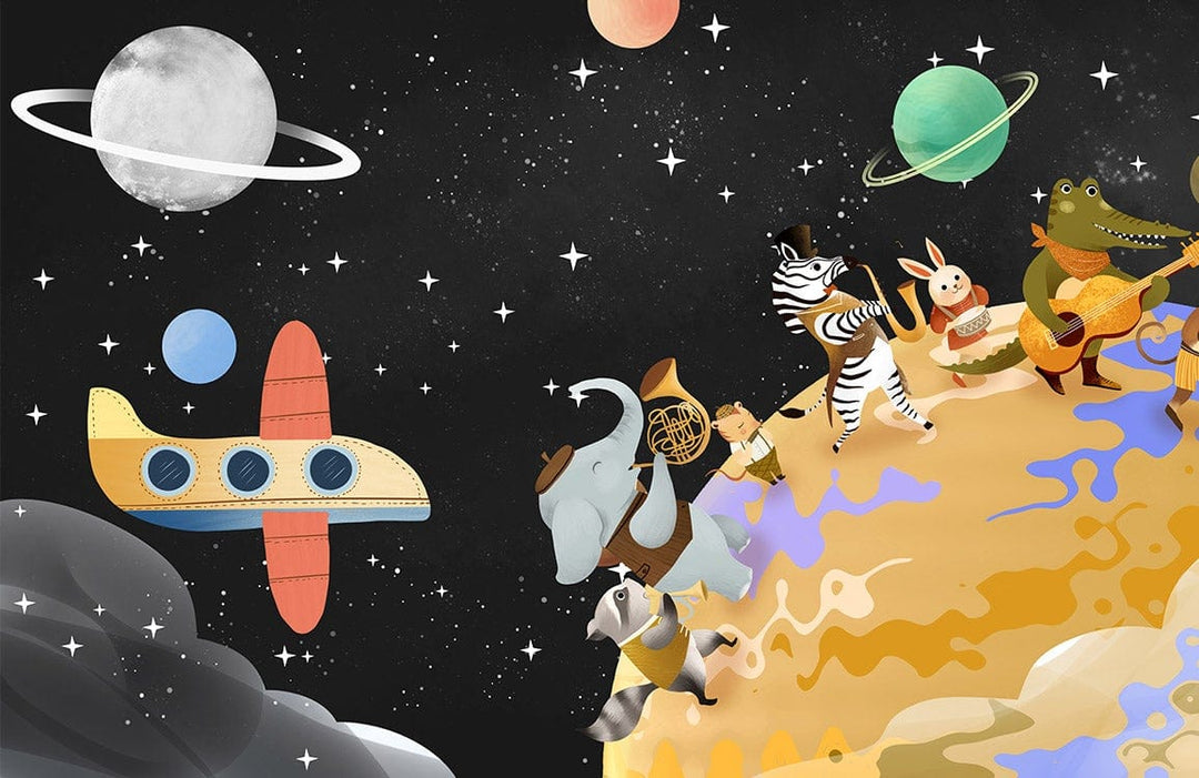 Whimsical space-themed animal mural wallpaper in vibrant colours for children's bedroom decor transformation.