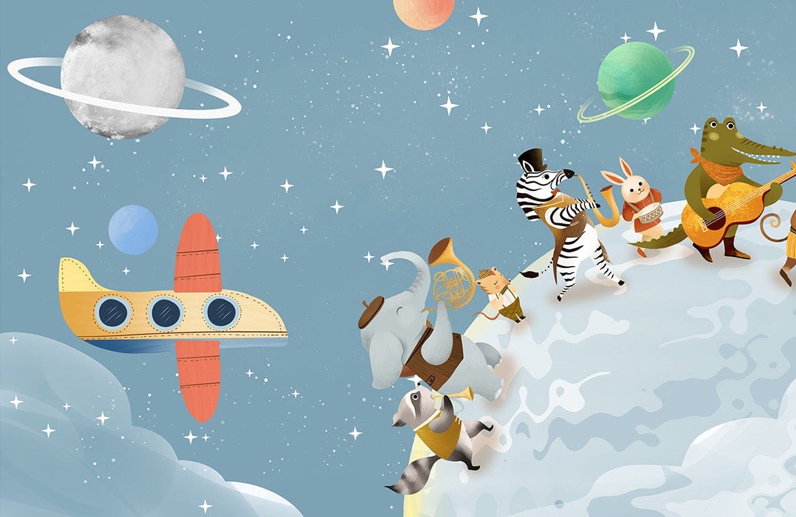 Whimsical Space Safari: Children's Blue Animal Adventure Mural Wallpaper