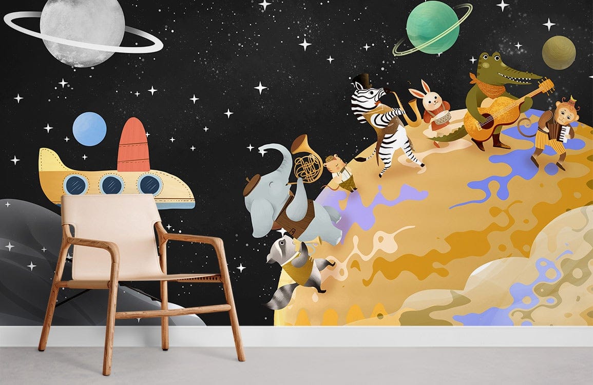 Whimsical Space Adventure Animal Mural Wallpaper - Colourful Children's Bedroom Decor