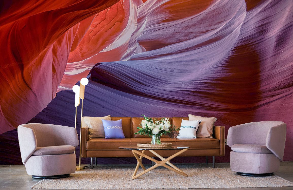 Elegant Canyon Drape Mural Wallpaper, red-purple design, with modern brown sofa, light grey armchairs.