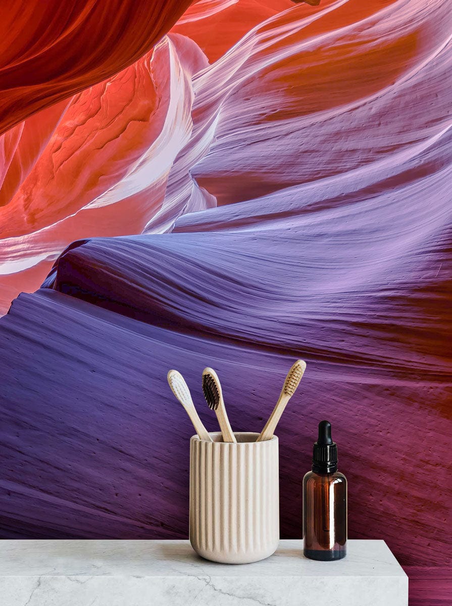 Red and purple abstract mural wallpaper with vases; Elegant Canyon Drape series, minimal stone surface.