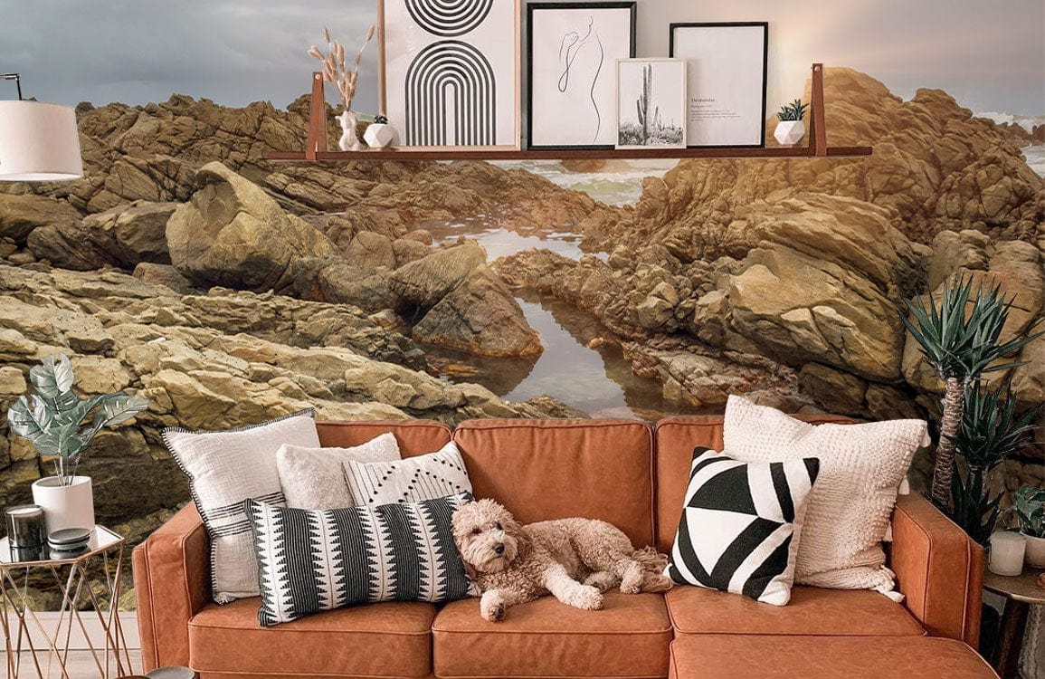 Sunlit Rocky Coastline Mural Wallpaper in living room with brown sofa, abstract art decor, wooden shelf.