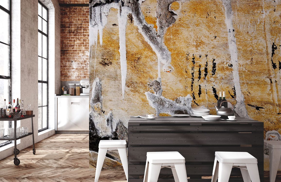 Rustic Earth Tones Abstract Stone Texture Mural Wallpaper, industrial dining room, wooden flooring, white stools.
