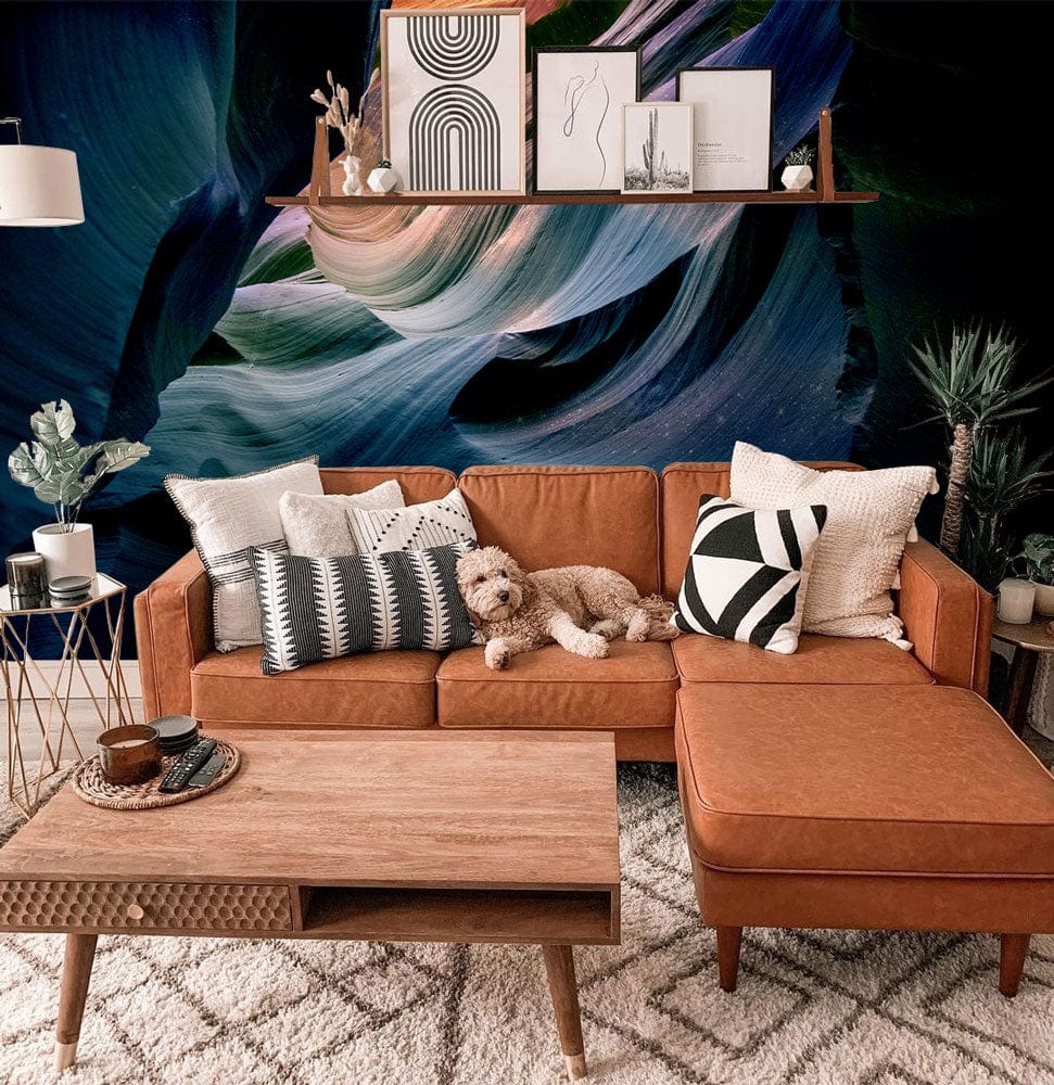 Abstract Canyon Wave Mural Wallpaper enhances room featuring brown sofa, wooden coffee table, beige rug.