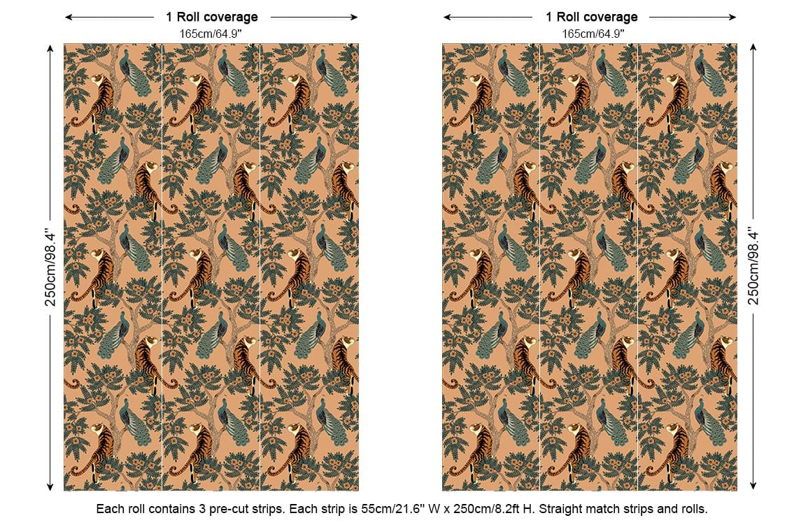 The image shows Tropical Tiger and Peacock Mural Wallpaper dimensions in earthy vintage tones.