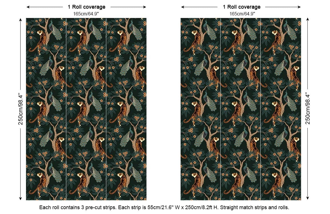 Tropical Jungle Wildlife dark green mural wallpaper with tigers, peacocks, dimensions shown, stylish design.