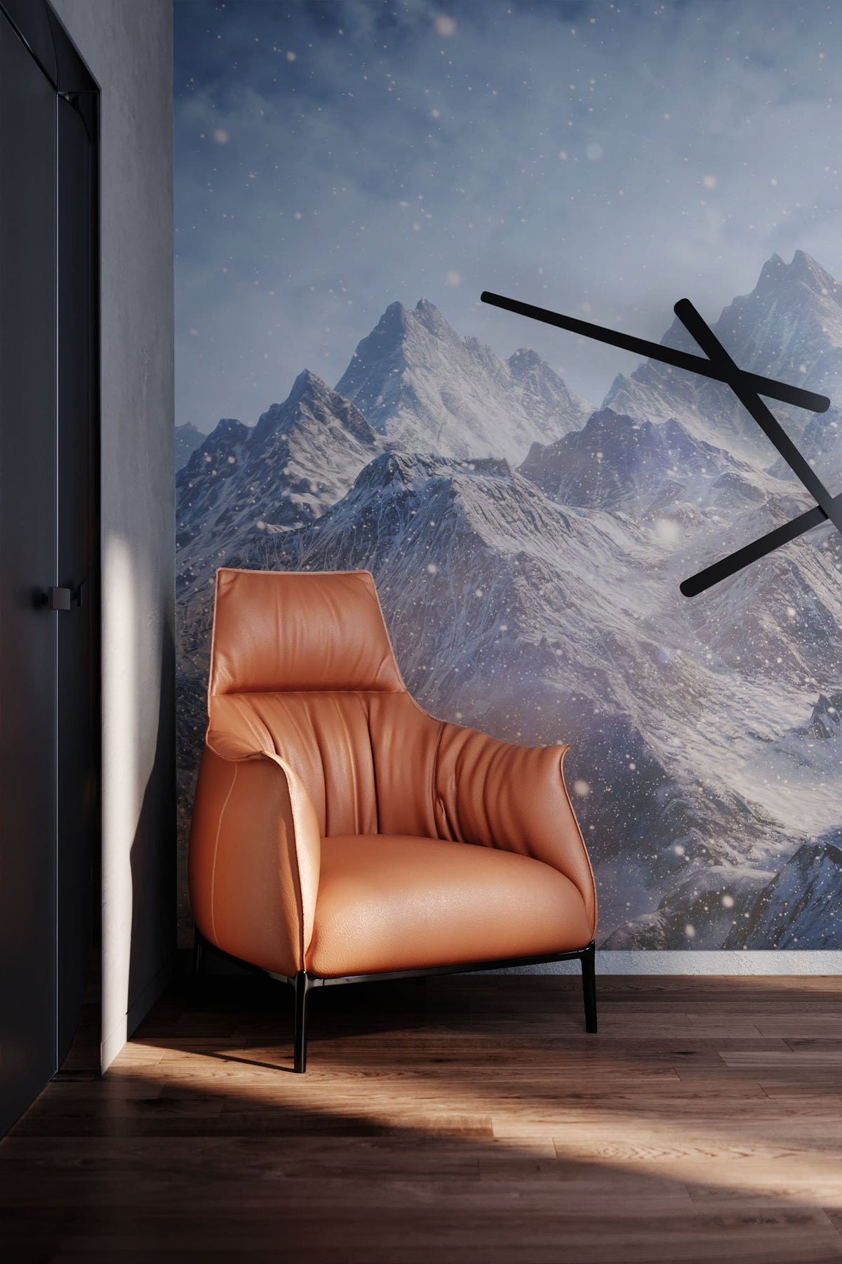 Majestic Snowy Mountains wallpaper with tan leather armchair, wooden flooring, and modern black wall clock.