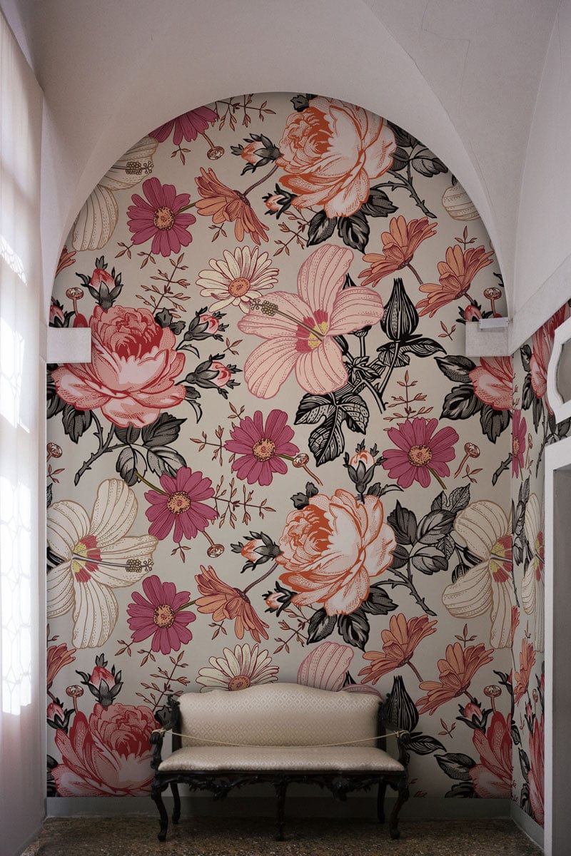 Romantic Bright Flowers Wallpaper Mural | Aesthetic Wall Mural UK
