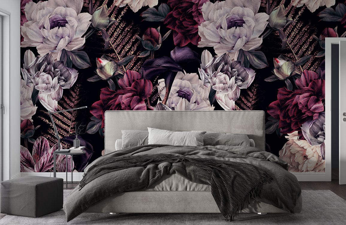 Gothic floral wallpaper in bedroom with grey upholstered bed, matching ottoman, and plush carpet flooring.