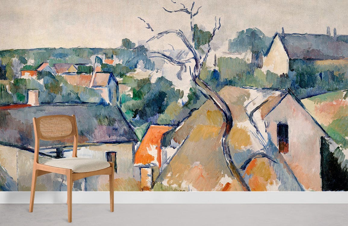 Rustic countryside mural wallpaper, soft pastel landscape, with wooden chair on light flooring, elegant decor.