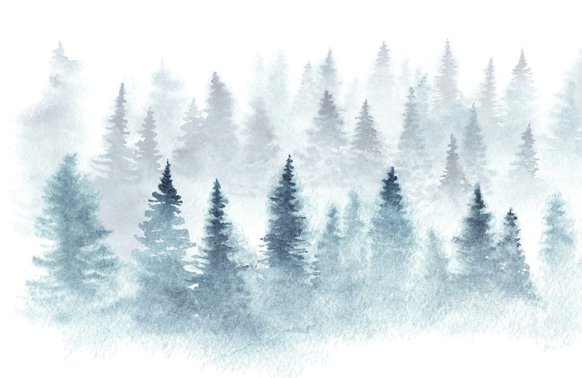 Serene Misty Forest Watercolour Mural Wallpaper in Soft Blue and Grey
