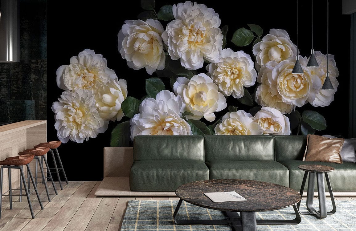 Elegant cream roses mural, dark green sofa, wooden flooring, modern living room decor, black theme.