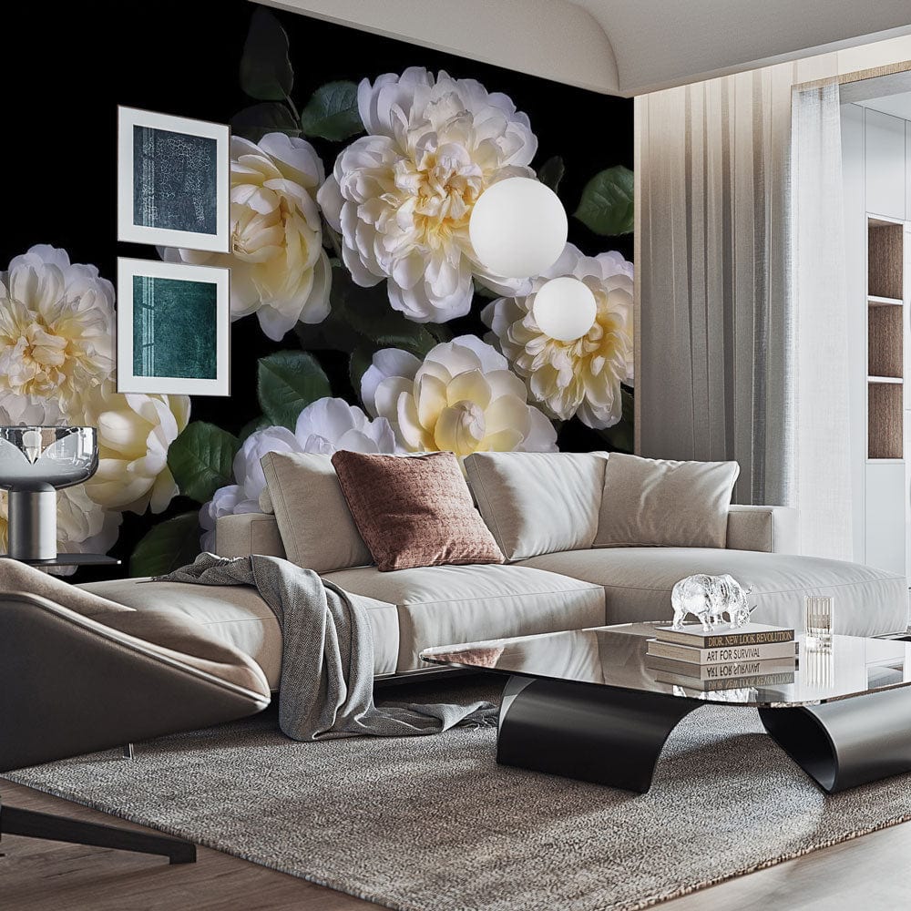 Elegant Cream Roses wallpaper with black floral pattern, beige corner sofa, modern grey armchair.