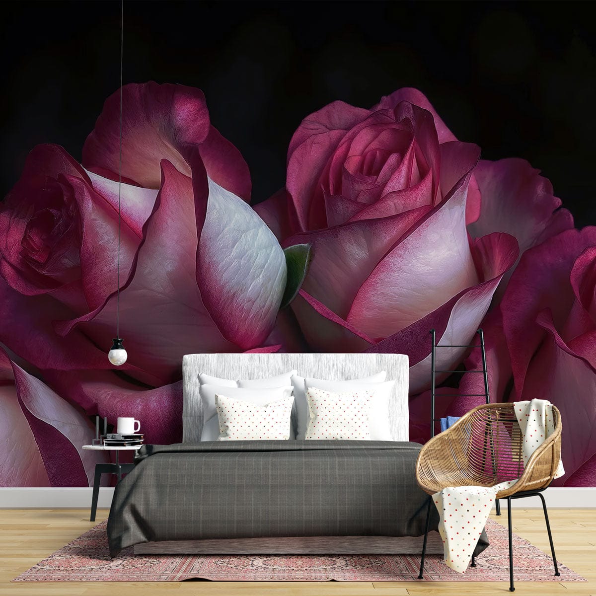 Elegant Floral Mural Wallpaper with Pink Rose Bouquet, Black Plaid Bed, Modern White Bedroom, Soft Lighting.