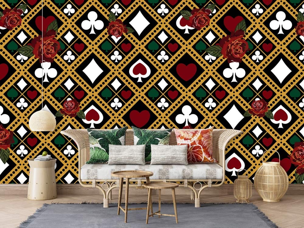 Vintage Card Suit Pattern Wallpaper with Bold Red Rose Accents, beige sofa, light wood flooring, rug.
