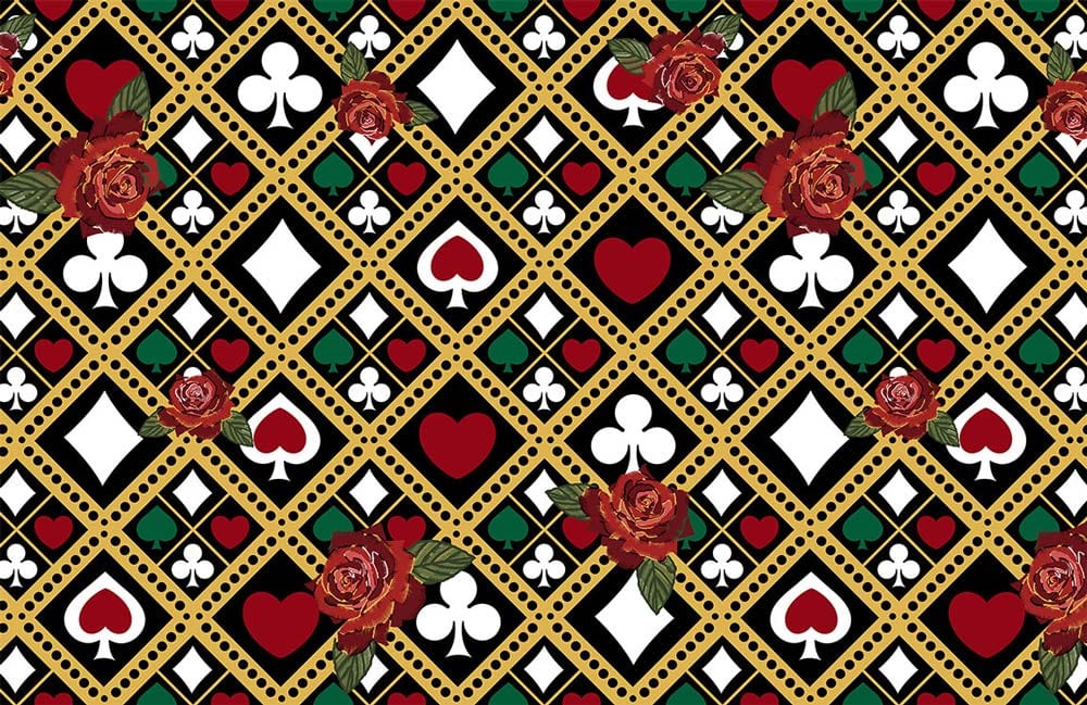 Vintage Card Suit Pattern Wallpaper with Bold Red Rose Accents Design