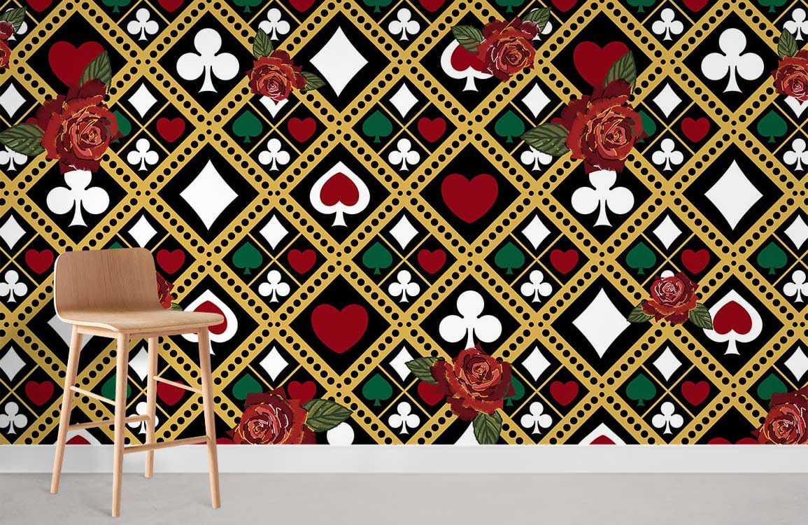Vintage card suit wallpaper with red rose accents and modern wooden stool on grey flooring.