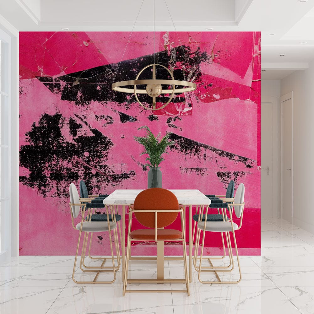 Vibrant pink graffiti wallpaper with dining set, marble flooring, modern light fixture in stylish dining room.