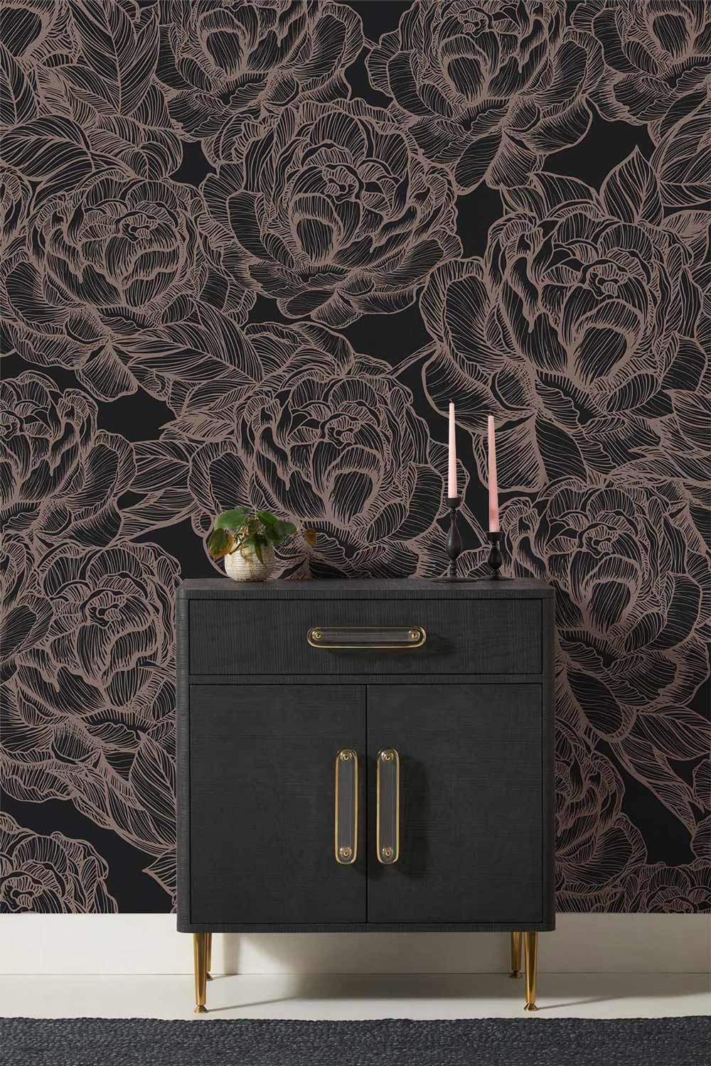 Elegant charcoal floral wallpaper, vintage botanical pattern, black and gold cabinet, decorative candles.