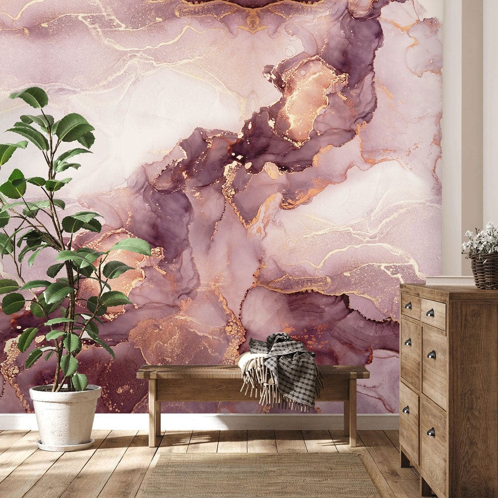 Elegant Plum and Gold Watercolour Marble Wallpaper in luxurious living room with wooden bench, dresser, plant.