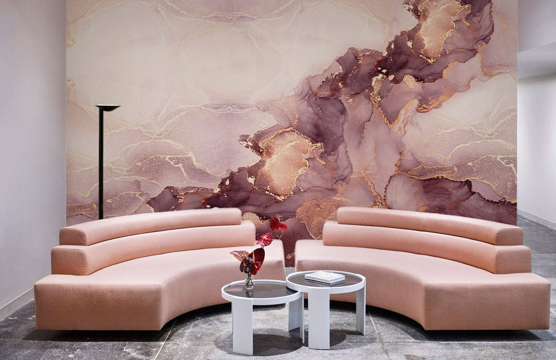 Elegant Plum and Gold Marble Mural Wallpaper in modern lounge with pink sofas, grey flooring.