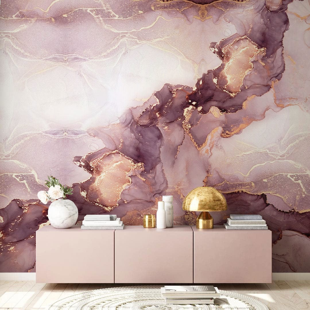 Elegant plum gold marble mural wallpaper in luxury living room with beige console, modern decor items.