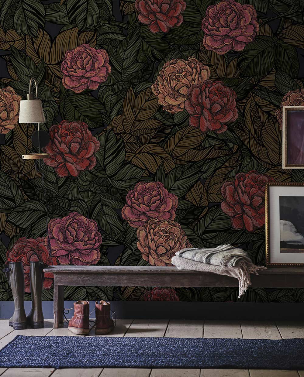 Vintage Floral Bliss dark green red rose wallpaper in Victorian style, bench, shoes, cosy decor.