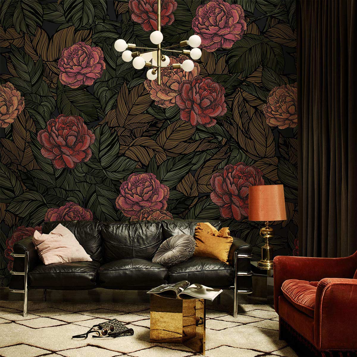 Dark green and red rose Victorian wallpaper with leather sofa, gold table, and modern chandelier.