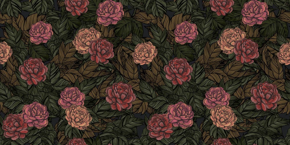 Vintage Floral Bliss Dark Green and Red Rose Victorian Wallpaper Design