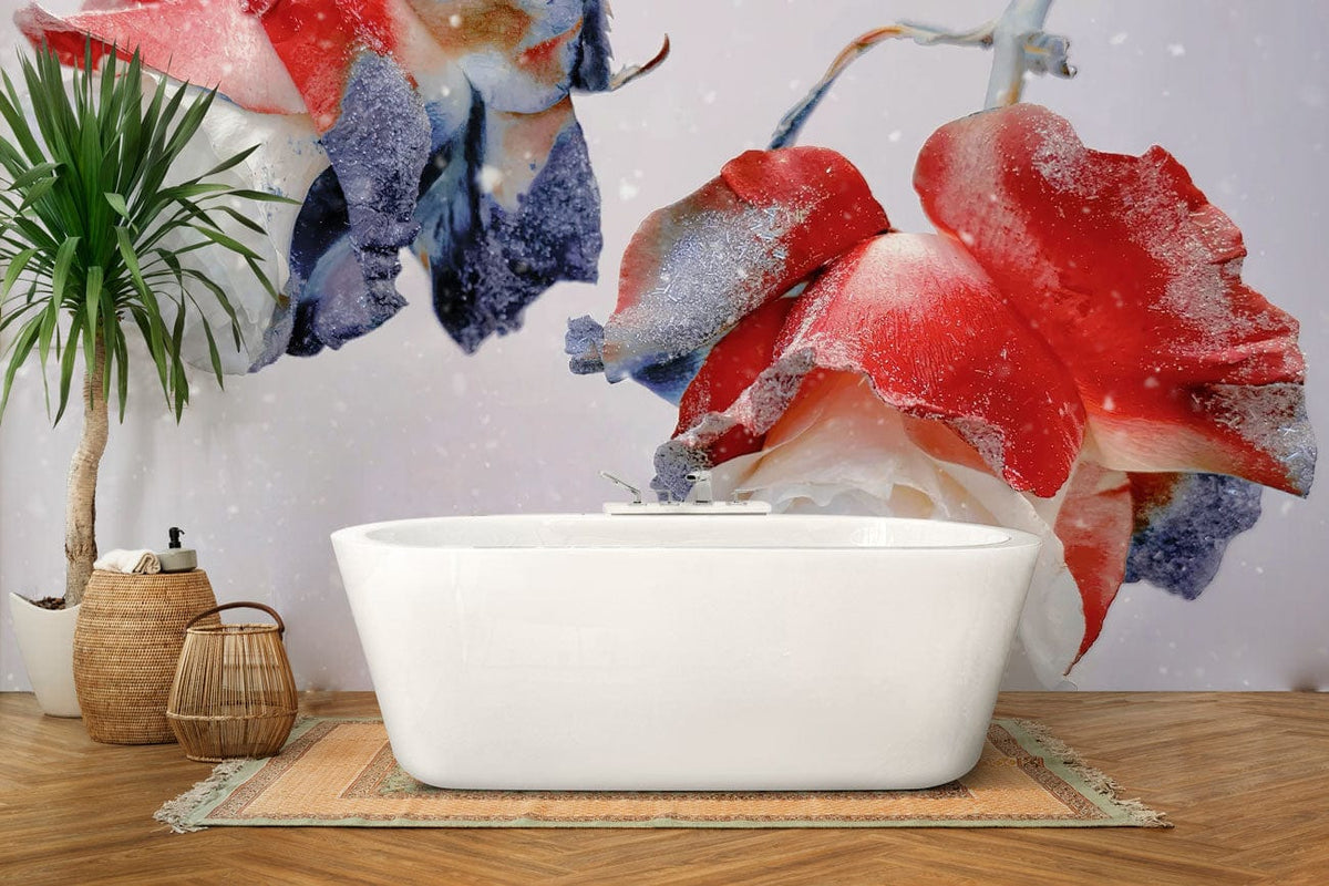 Elegant Frosted Roses Mural Wallpaper with red and blue florals over wood flooring in a bathroom.