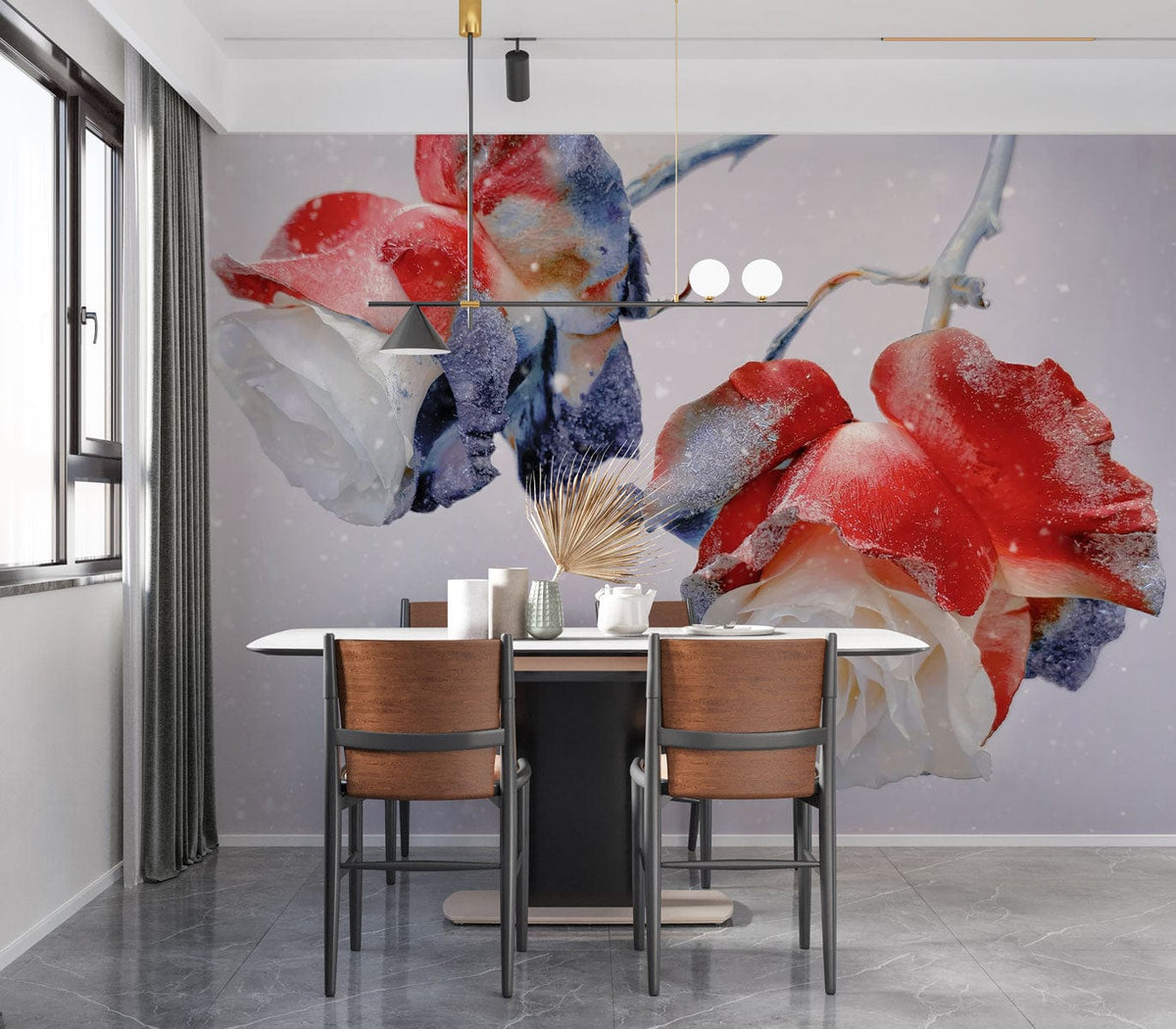 Elegant Frosted Roses mural wallpaper with red-blue floral design, dining room, modern chairs, grey flooring.