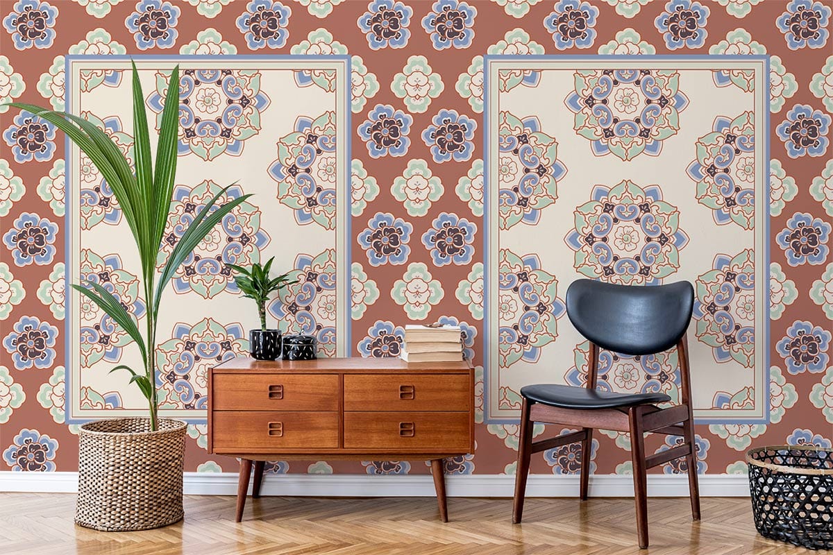Vintage Mandala Motif Wallpaper, earthy tones, retro chair, wooden cabinet, classic natural interior decor.
